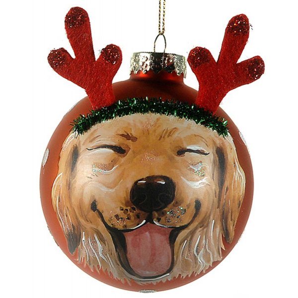 Χριστουγεννιάτικη Γυάλινη Μπάλα, με Σκυλάκι και Κέρατα Ταράνδου (10cm)